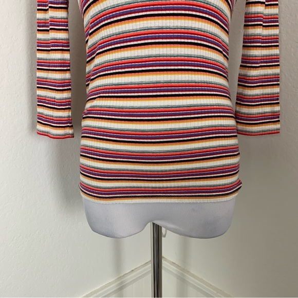 Express One Eleven Striped Ribbed Zip Neck Top 3/4 Sleeves Retro Size XS - Picture 14 of 16